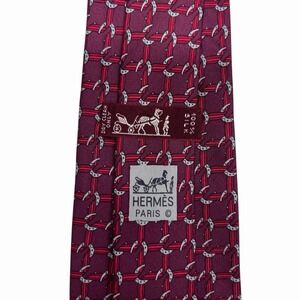 Hermes Mens Tie Equestrian Horseshoes Burgundy/Gray Silk 7124 FA 3.25" x 56" euc